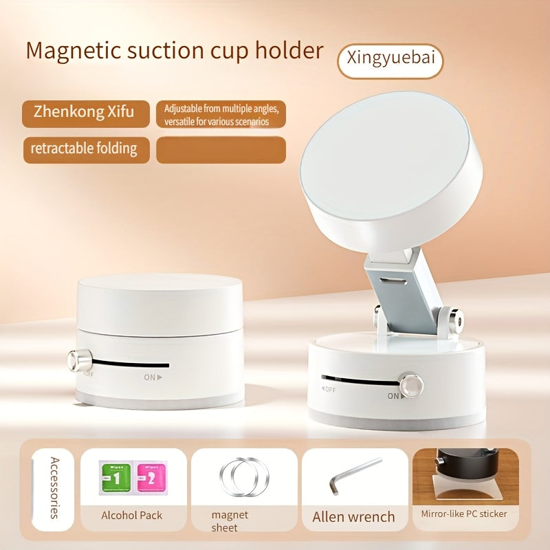 TEMU Magnetic Vacuum Phone Holder With Suction Cup & Foldable Telescopic Design - Car Mount, Desktop & Tabletop Stand, Adjustable Magnetic Base,
