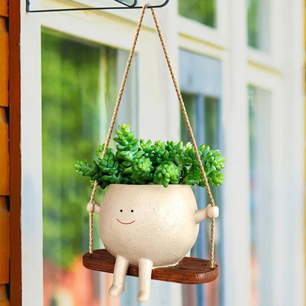 Lovely Swing Face Planter Pot with Twine Creative Resin Succulent Plants Hanging Planter Home Decoration for Indoor and Outdoor 240320