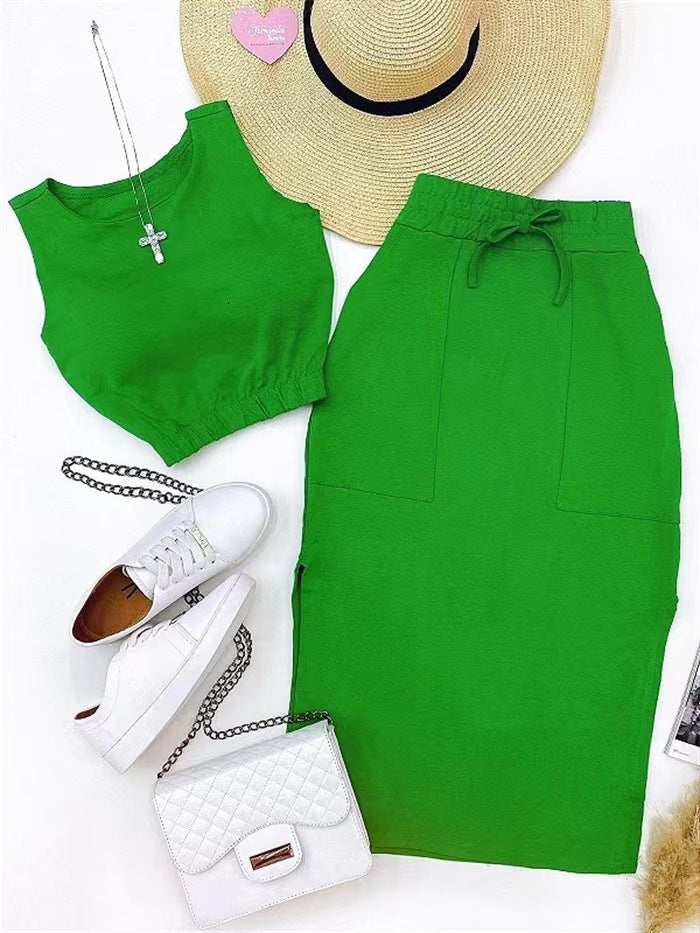 Two Piece Dress Tow Piceses Outfits for Women Fashion Solid Color Sleeveless Crop Tops Casual Belt Skirt Set Streetwear Female Clothing 230705