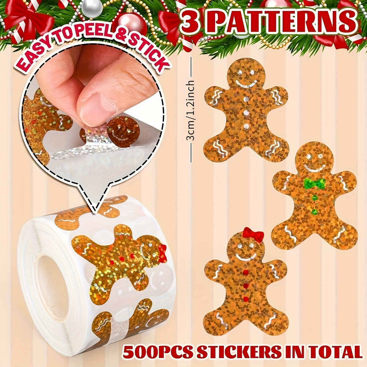 TEMU 500pcs 1.5inch Christmas Gingerbread For Man Stickers Roll - Glittery Golden & Decals With , Durable Paper For Gift Wrapping, Cards, Envelopes &