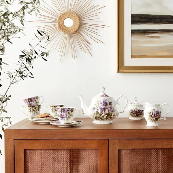 Conjunto de chá de pansy roxo Os ossos 11 conjuntos de chá da China Coffee Tea Tools Tools Kitchen Restaurant Bar Garden Garden Grátis Deliv