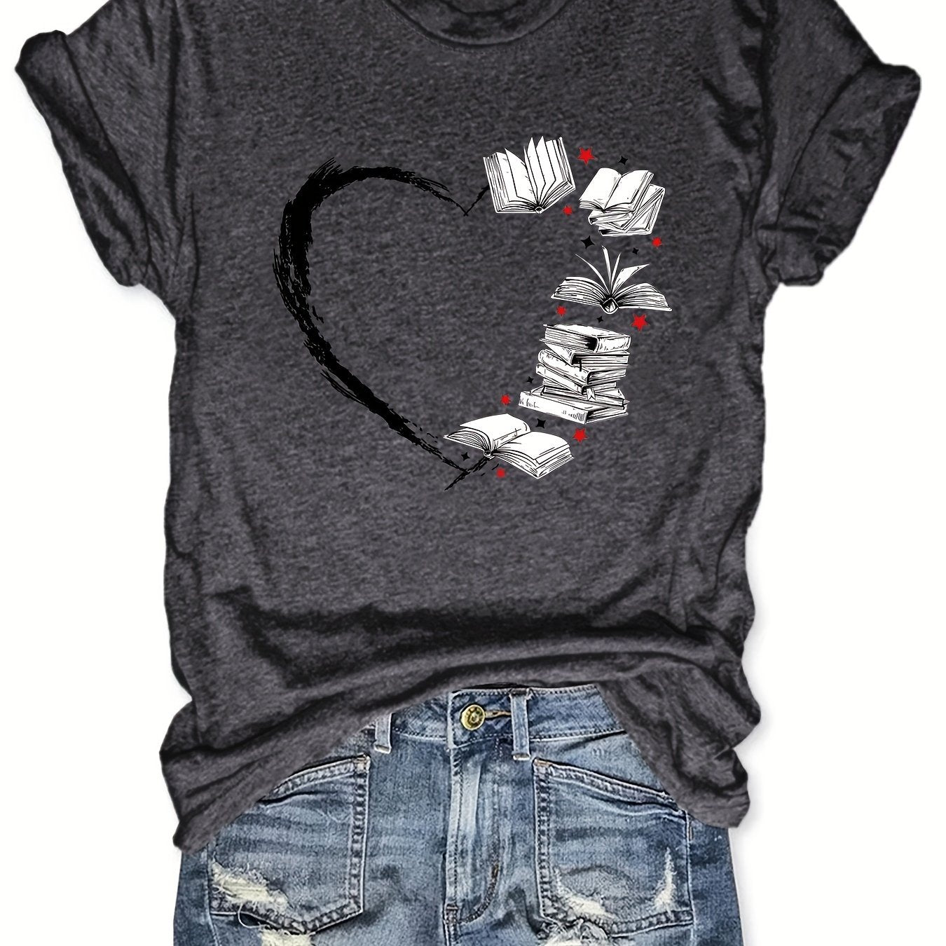 TEMU Heart & Book Print T-shirt, Casual Short Sleeve Crew Neck Top For , Women's Clothing