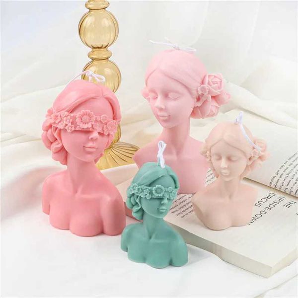 Blinded Braid Girl Silicone Candle Mold Closed Eyes Flower Half Body Beauty Aromatherapy Resin Mold Home Decoration OrnamentsC241214