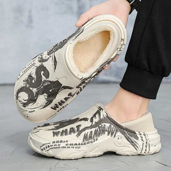 Fashionable winter mens fur slider warm indoor cotton shoes waterproof outdoor garden shoes slider half slider sandals Y241008