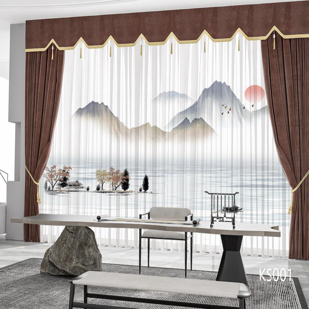 YL-36668 Modern New Chinese Style Ink Painting Landscape Living Room Study High-end Bedroom Famous Hotel Curtain Zen Gauze Curtain