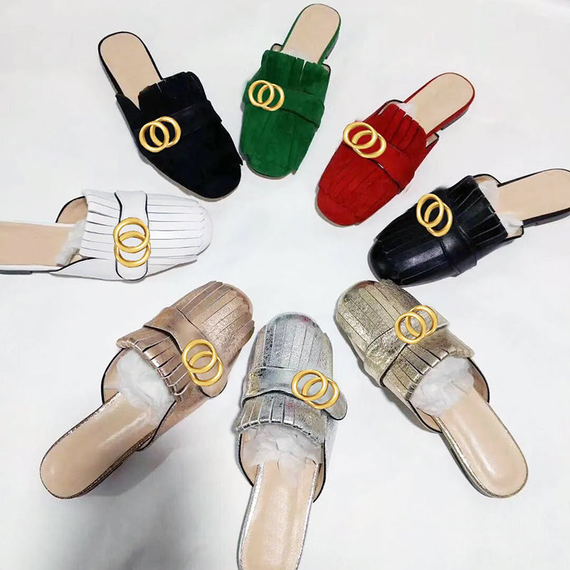 designer womens half slippers classic leather flat bottom sandals luxury party casual shoes summer fashion metal ladies large size 42 wraparound sli