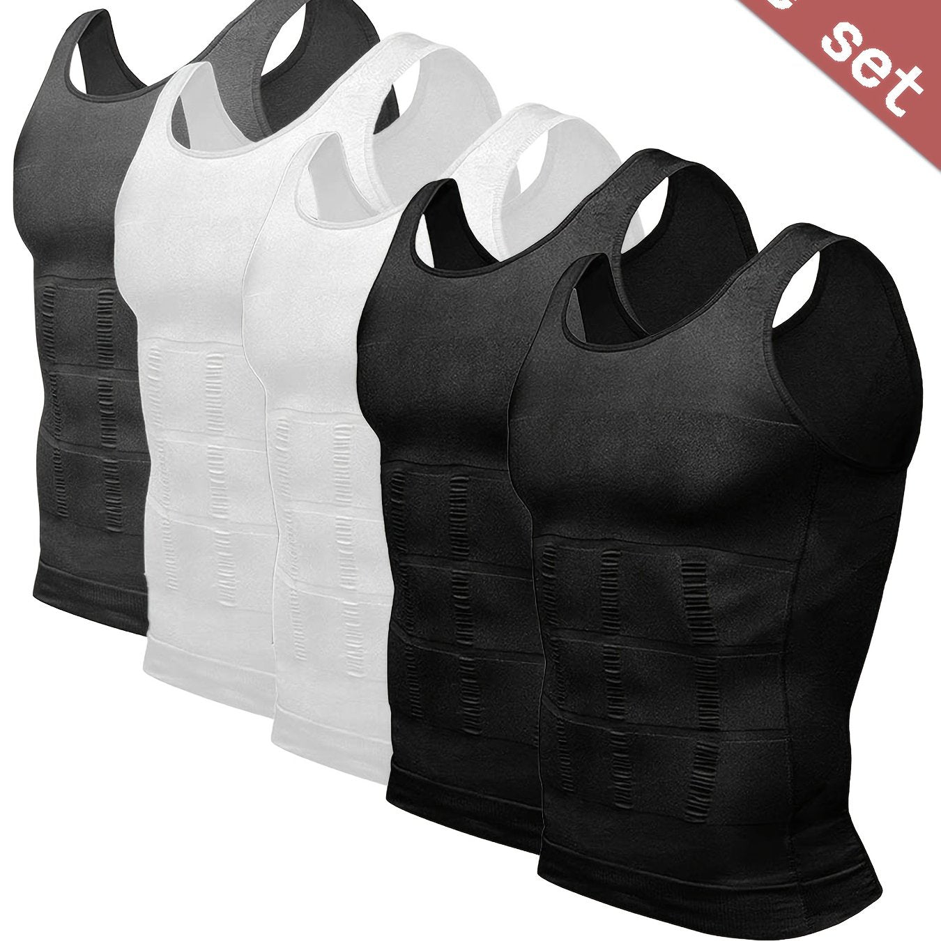 TEMU 5-pack Men's Compression Shirts - Tummy Control Waist Trainer Vest, Sleeveless Body Shaper With Neoprene Filler, Medium Stretch Athletic Base