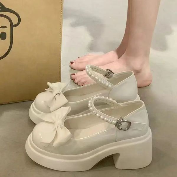 Bow Pearl Mary Jane Shoes High Heels Womens 2023 New Spring Summer Closed Toe Sandals Mary Jane Chunky Heel Pumps Kawaii Shoes 240705