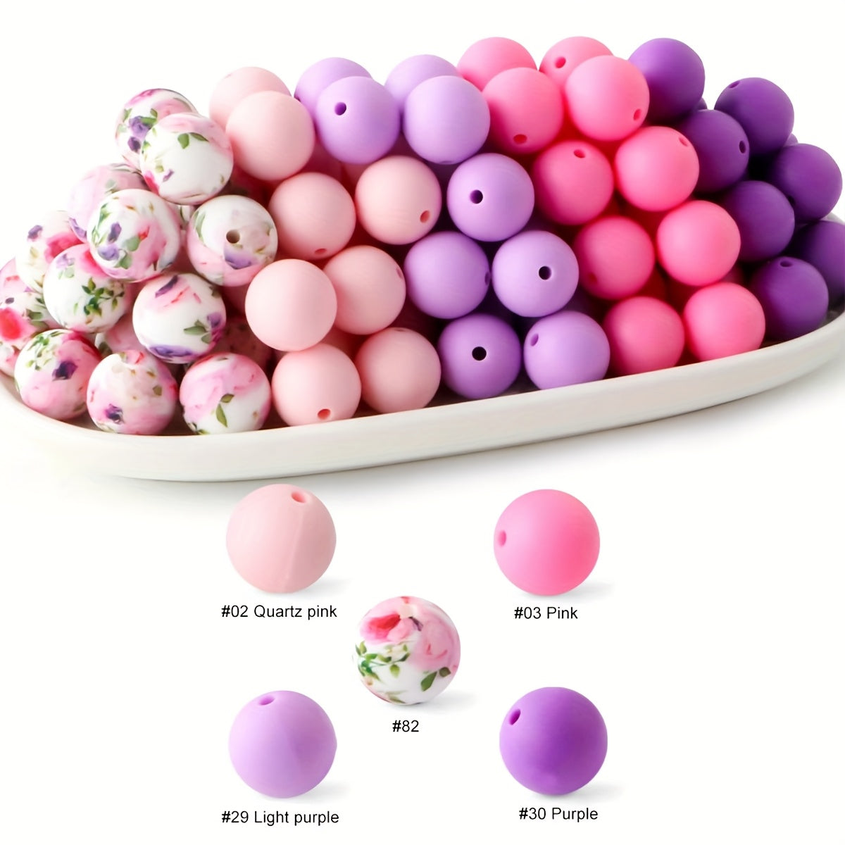 TEMU 50pcs 15mm Silicone Beads Round Loose Mix - 10 Color Floral Print Craft Beads For Making, Keychains, Bracelets & Necklaces - Durable Non-toxic