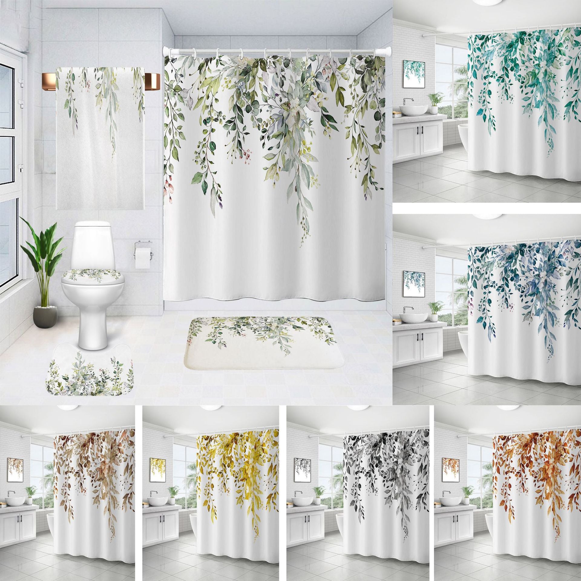 YL-37133 digital shower curtain cross-border plant flower waterproof polyester bathroom four-piece set dry and wet separation moisture-proof