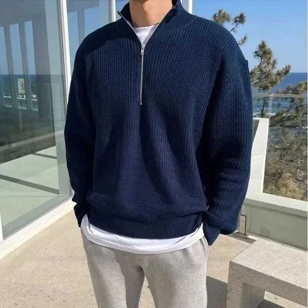 2023 Spring Autumn Men New Fashion Men Loose Half-high Collar Zipper Pullover Knitted Sweater Jacket All-match ClothingX240911