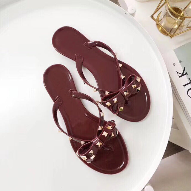 slippers slides slipper sandals famous designer women designer slides sandals PVC rivet slippers with bow tie square toe designer sandals sliders mu