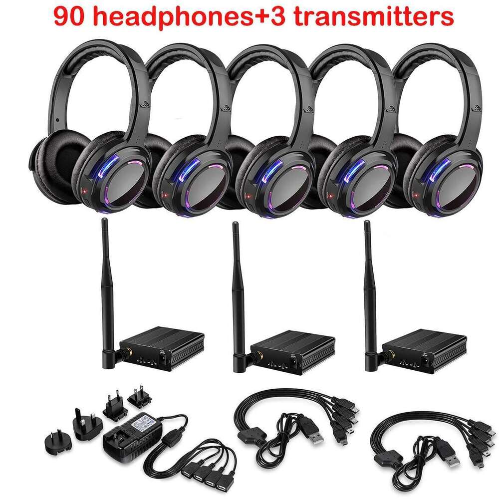 Disco Complete System Led Wireless Headphones for Silent Parties-90 Headsets + 3 Transmitters 500m Distance Control