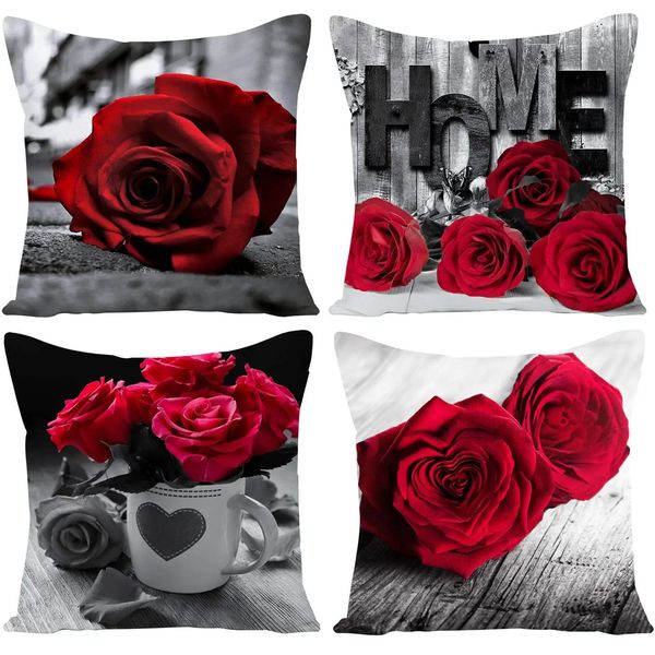45x45cm Red Rose Flower Cushion Cover Home Wedding Decoration Sofa Bed Lumbar Pillowcase Polyester Print Pillow Case Z250106