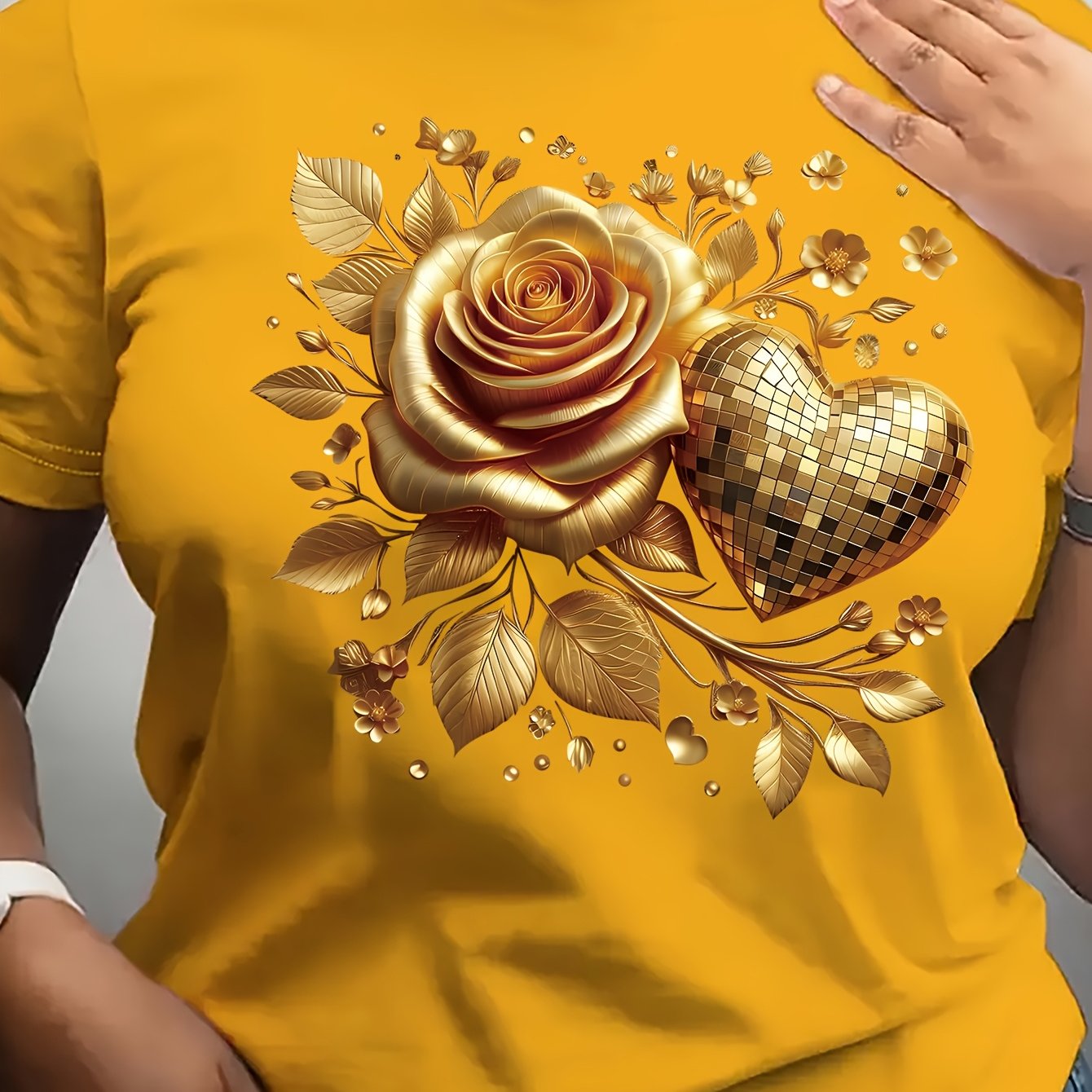 TEMU Women's Casual Floral Print T-shirt - Short Sleeve, Round Neck, Spring-summer Top With Golden Rose And , Tee | Floral Print Top | , Ladies T