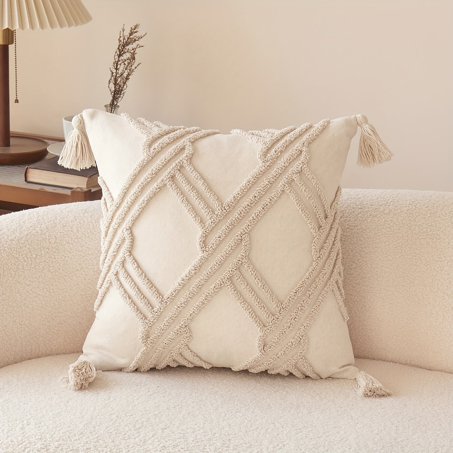 TEMU 1pc, Natural Linen Pillowcase, Geometic Pillowcase With Tassel Decoration, Single Side Tufted Embroidery, 17.7*17.7inch, Suitable For Sofa,