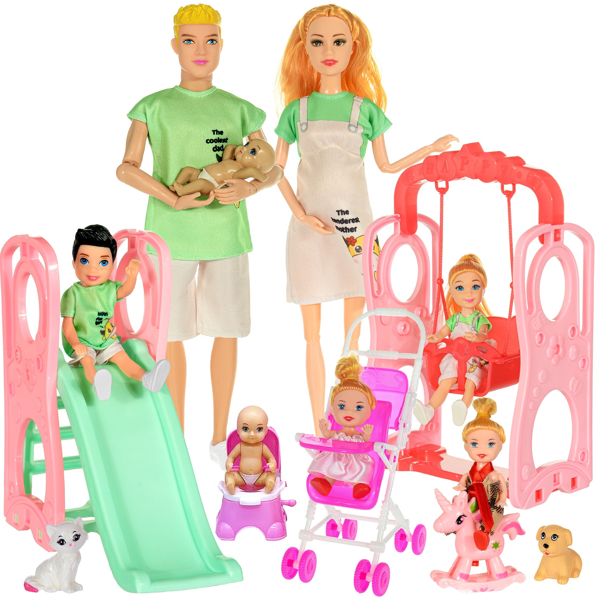 TEMU Family Dolls With Sliding Swings & Strollers - 7-person Playset, Durable Pvc, Mixed Colors, Ideal For & Adults, Halloween & Christmas Gifts,