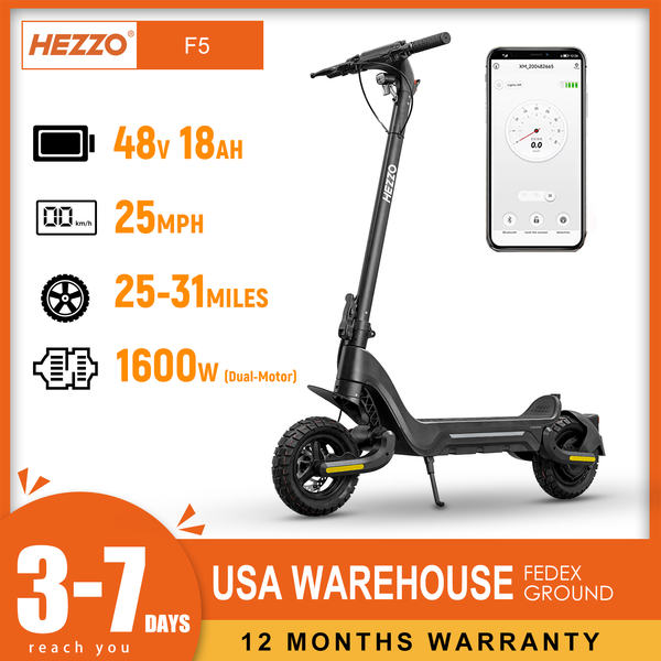 HEZZO F5 Dual Motor Escooter 1200W 48V 10Inch Portable Off Road Scooter 18Ah Max Speed 28Mph Dual Shock Absorber Disc Brakes Foldable Kick S