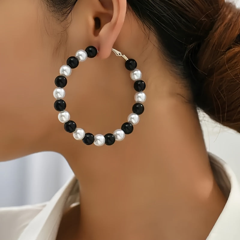 TEMU Women's Minimalist Black & White Beaded Hoop Earrings - Large Round Hoops With Glossy Beads, Versatile Everyday Jewelry For Women, Casual &