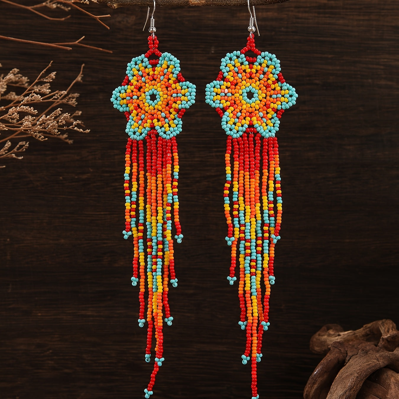 TEMU Pair Of Bohemian Chic Tassel Earrings With Multicolor Yellow And Blue Floral Patterns, Handmade Glass Bead Woven String Design, Casual Attire Or