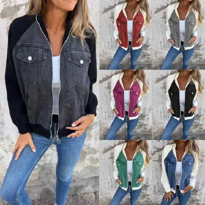 Women Autumn Winter Denim Stitching Jackets Ladies Casual Long Sleeve Zipper Outerwears CoatsX240920