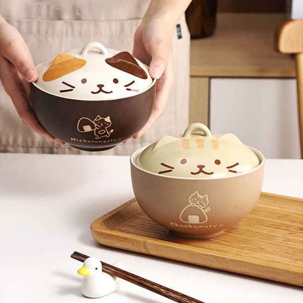 Bowl 550ml Cartoon Cat Ceramic Instant Noodle With Lid Underglaze Color Soup Salad Kitchen Office Student Lunch Box 221206