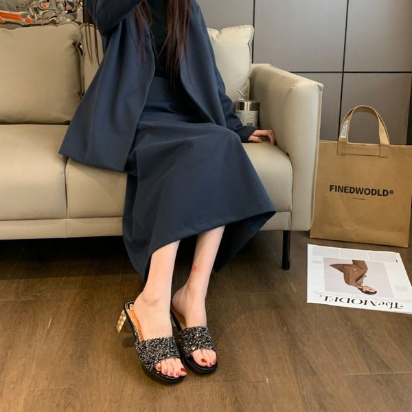 slippers Women&#039;s 2024 summer fashion Transparent belt metal decoration box shaped square Alien heel high heels wearing sandals 23c4 s