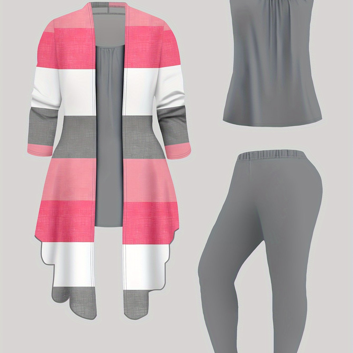 TEMU Women's Casual Three-piece Set - Striped Cardigan, Gray Tank Top, And Black Pants - Spring-fall, Casual Attire|striped Cardigan|tank Top, Ladies