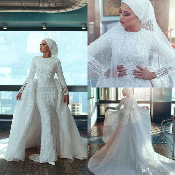 Mermaid Muslim Beading Wedding Dresses Bridal Gown Long Sleeves With Overskirt Jewel Neck Sweep Train Lace Applique Crystals Vestidos De Nov