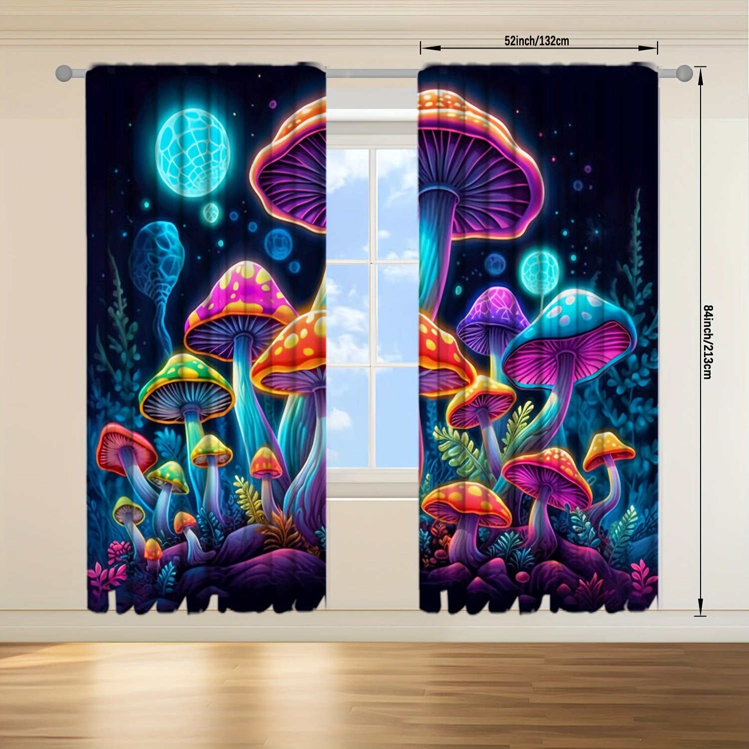 TEMU 2 Panels Window Curtains 3d Mushrooms Pattern Curtain Decoration Fantasy Collage Curtains Suitable For Living Room, Bedroom, Kitchen, Bathroom,