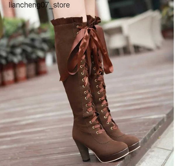 Lady Boots Rock Shoes Woman coxa salto alto renda sexy up tamancos plataforma redonda de dedão de dedão damas j241213