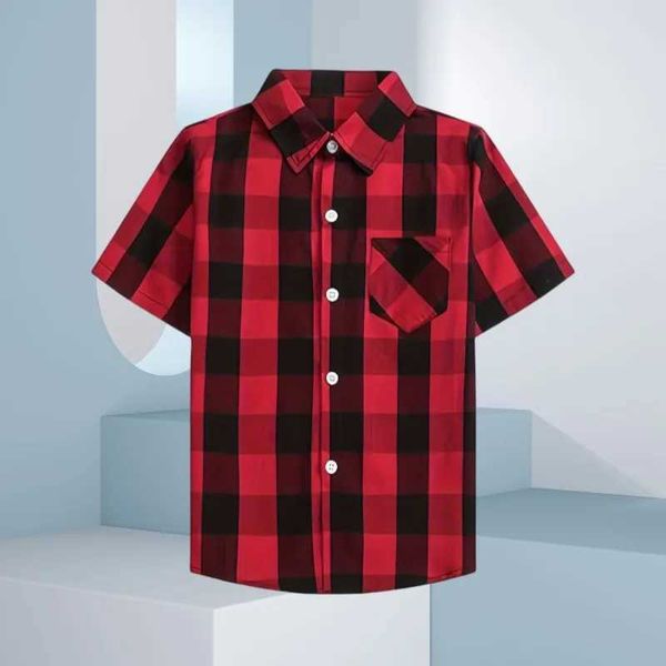 Childrens shirt boys and girls casual plain weave shirt retro outdoor short sleeved top collar shirt button design front pocket shirtW240729