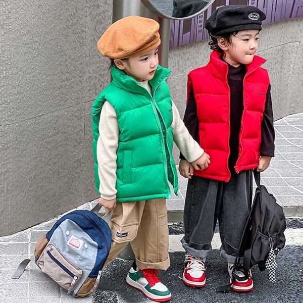 New autumn and winter boy and girl vest solid color thick to keep warm standing collar waste coat For3-14Y childrens down cotton vestW240724