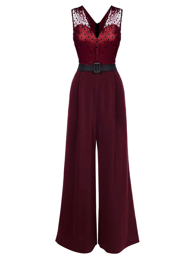Wine Red V-Neck Polka Dot Belted Wide Leg Jumpsuit|Size XXL