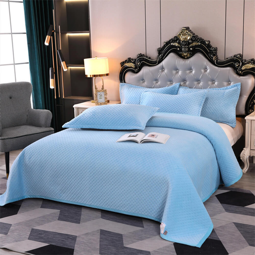 Waffle Milk Fleece Warm Quilted Bedspread Set, Light Blue - Pillowcase（2Pcs）