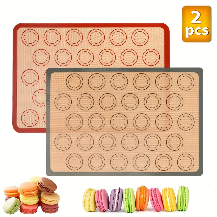 TEMU 2pcs Silicone Baking Mats - Reusable Heat-resistant Cookie & Macaron Sheets With Circular Patterns, Red & Beige Food-safe Baking Mats For Bread,