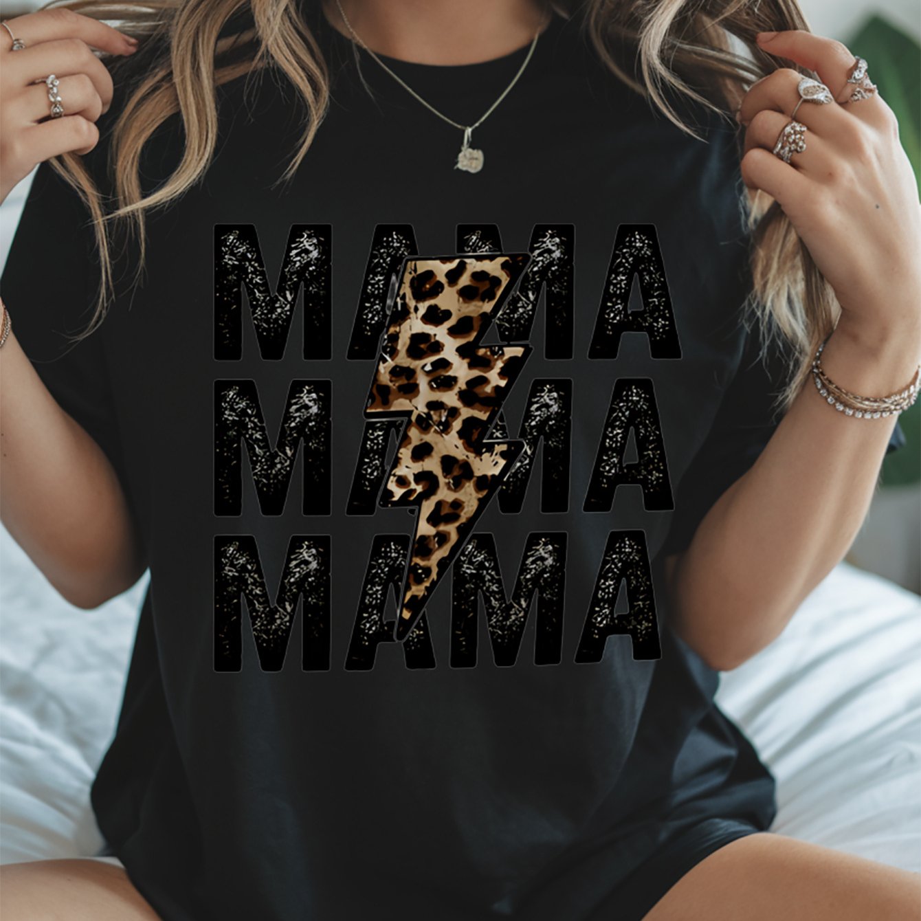 TEMU 1pc Of Women's Round Neck T-shirt, With 'mama' Graphic And Leopard Print Lightning Bolt Design, Short Sleeves, , A Great Gift For Moms!