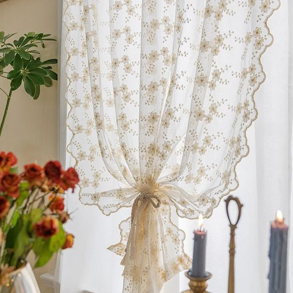 Lace Kitchen Curtain Swaying Beige Sheer Curtains for Living Room Bedroom Window Treatment Short Vintage Floral Embroidery 1 PC