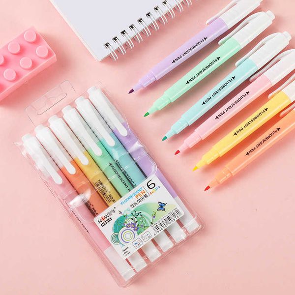 Highlighters 6PcsSet Double Head Fluorescent Highlighter Pen Markers Pastel Drawing Pen for Student School Office Supplies Cute Stationery