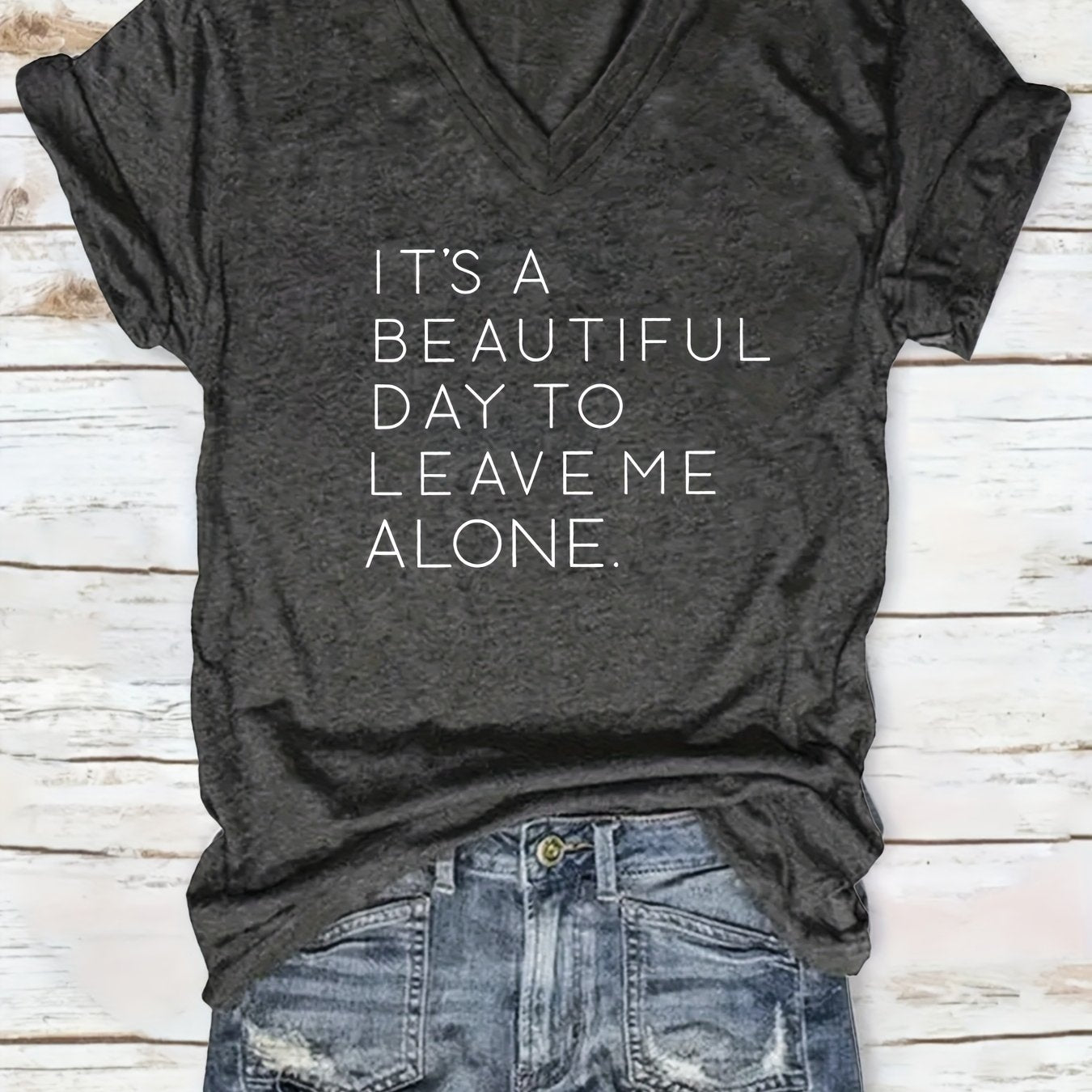 TEMU Printed V-neck T-shirt, Casual Short-sleeved Summer Everyday Tops, Women's Clothing