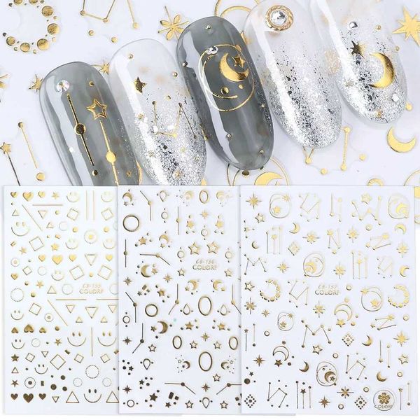 Gold Silver Nail Stickers 3D Decals Geometric Stars Heart Manicure DecorationsT250120