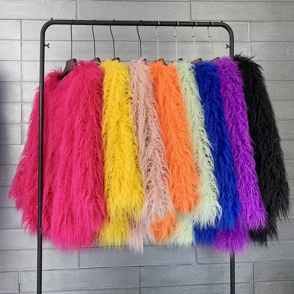 Mongolia Sheep Fur Women Medium Long Coat Jacket Colorful Warm Faux Fur Plush Coats Fe Jacket Autumn Winter Furry OuterwearXJ241206