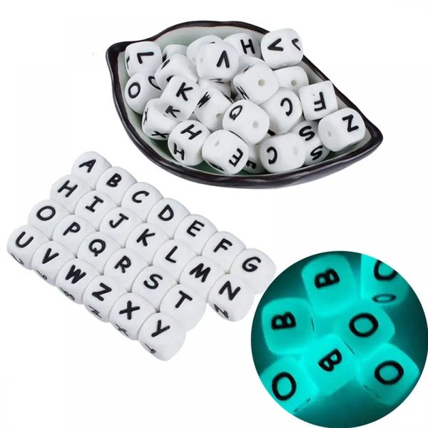 50Pcs 12mm Glow In the Dark English bet Letter Beads Luminous Silicone Letters Beads for Baby Teething Chew Toy Shower Gift 250114