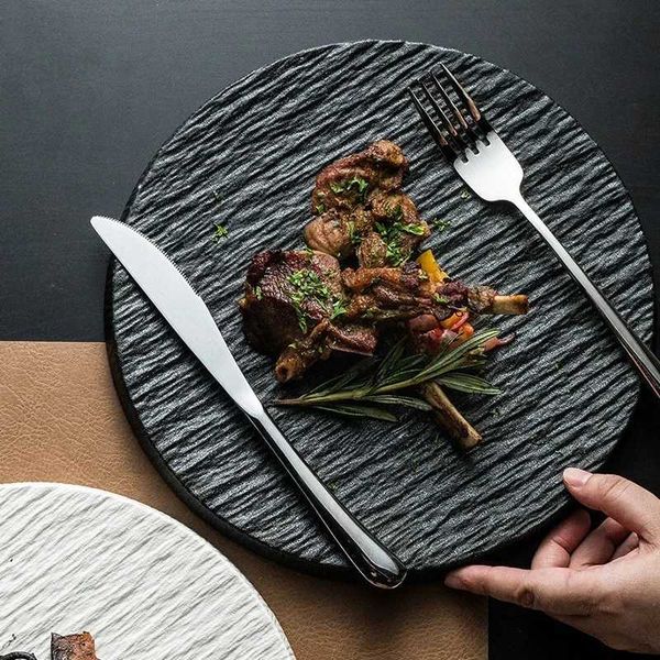Creative Western Tableware Ceramic Round Steak Pasta Plate Kitchen Utensils Fine Cooking Dishes Black Stone Grain Flat Plate Y250208