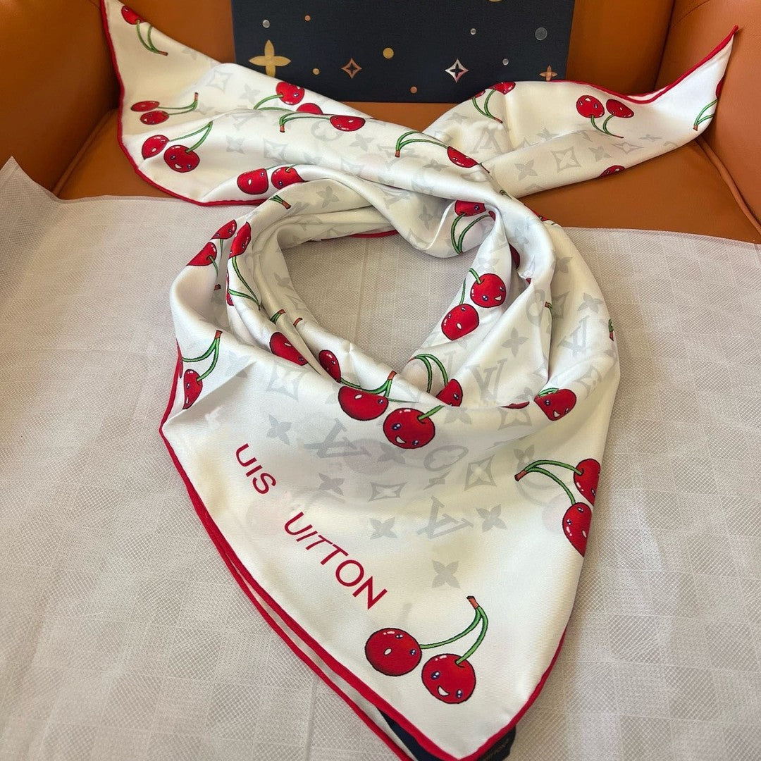 Designers Scarf for Women Silk Head Scarfs Cherry Print Charm Fashion Long Handle Bag Scarves Shoulder Tote Lage Ribbon Head Wraps 90X90cm