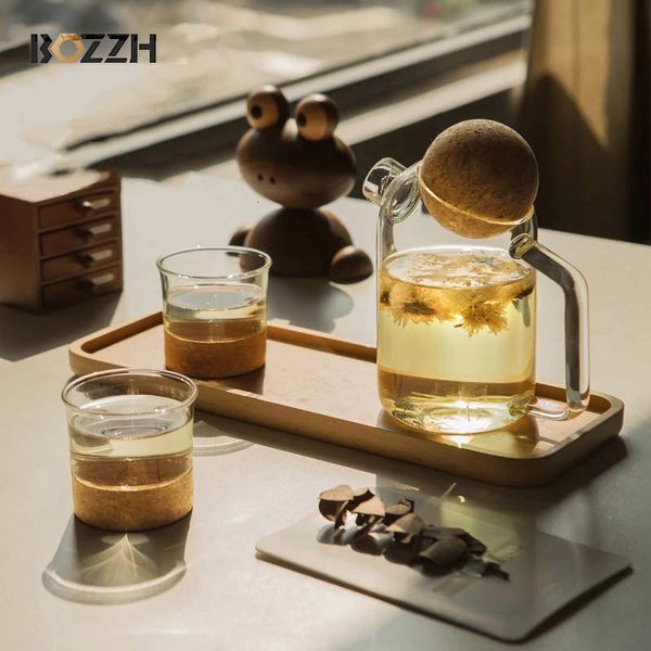 Bar Tools BOZZH Creative Glass Water Pot With Wooden Ball Flower Teapot Anti burst Kettle Juice Cold Cork Coffee Pitcher Drink 230308