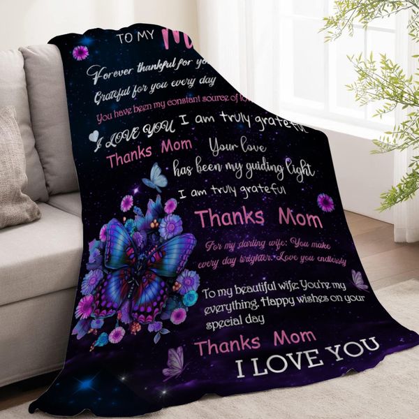 Thanks Mom Blanket 125x150cm Cozy Butterfly Throw with Love Messages for Mother Day Gift