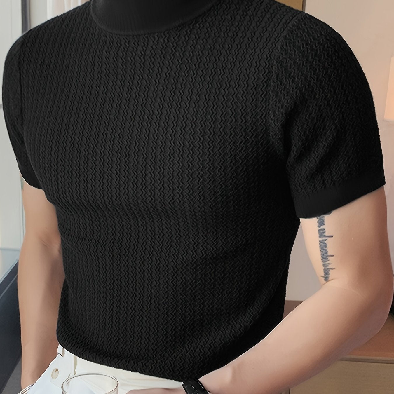 TEMU Men's Summer Slim Fit High-neck Turtleneck T-shirt - Breathable Knit Short Sleeve Casual Streetwear Top, Solid Color Machine Washable Lounge &