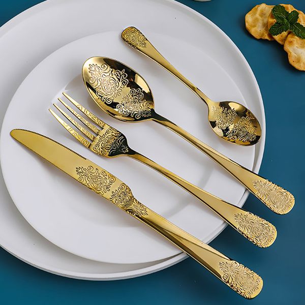 Dinnerware Sets 4Pcs Home Kitchen Gold Cutlery Set European Retro Dinnerware Set Embossed Western Tableware Knife Fork Spoon Tableware Set 2