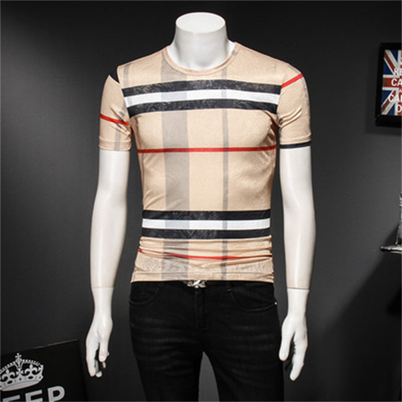 Youthful Fashionable Summer Apparel for Men  Breathable Plaid Pattern Ice Silk T-Shirt in Trendsetting Designs | Size Range from M to 5XL